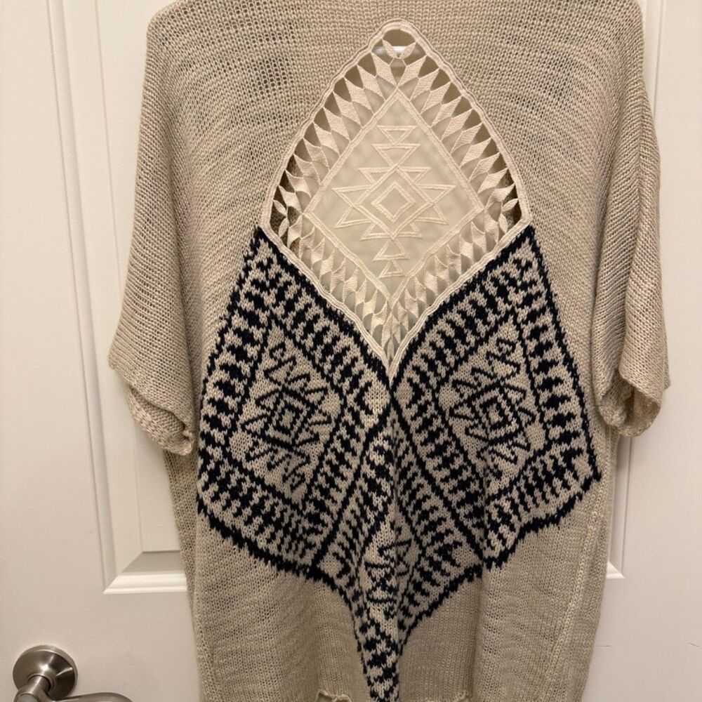 Maurices Beige Boho Open Front Fringe Cardigan S/M Lace Back Knit - Picture 6 of 7